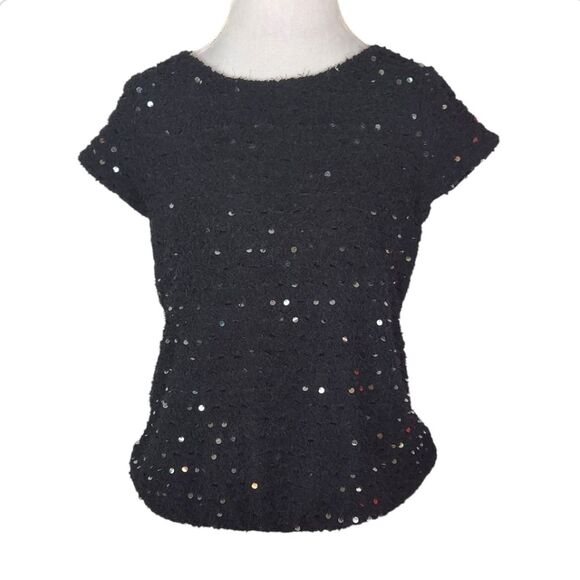 Gap Black Fuzzy Cap Sleeve Sequin Sweater Size Medium - Picture 2 of 11